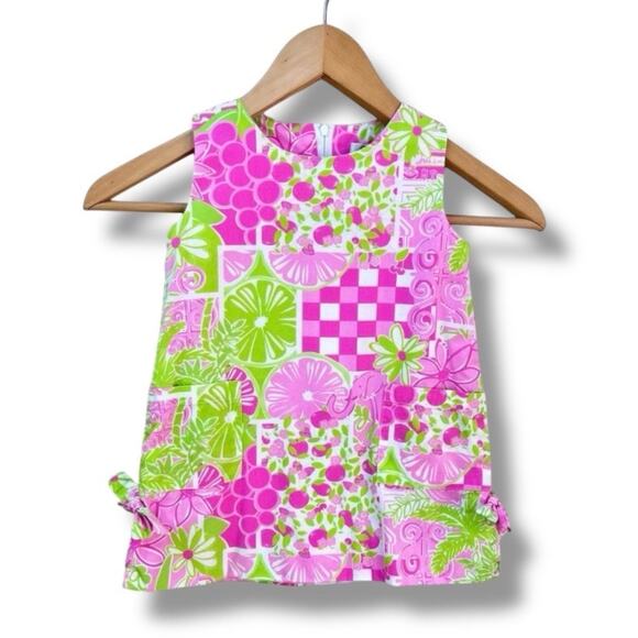 Lilly Pulitzer Dress Girls 3T Pink Green Juice Stand Patchwork Shift Classic - Picture 1 of 8